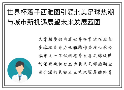 世界杯落子西雅图引领北美足球热潮与城市新机遇展望未来发展蓝图
